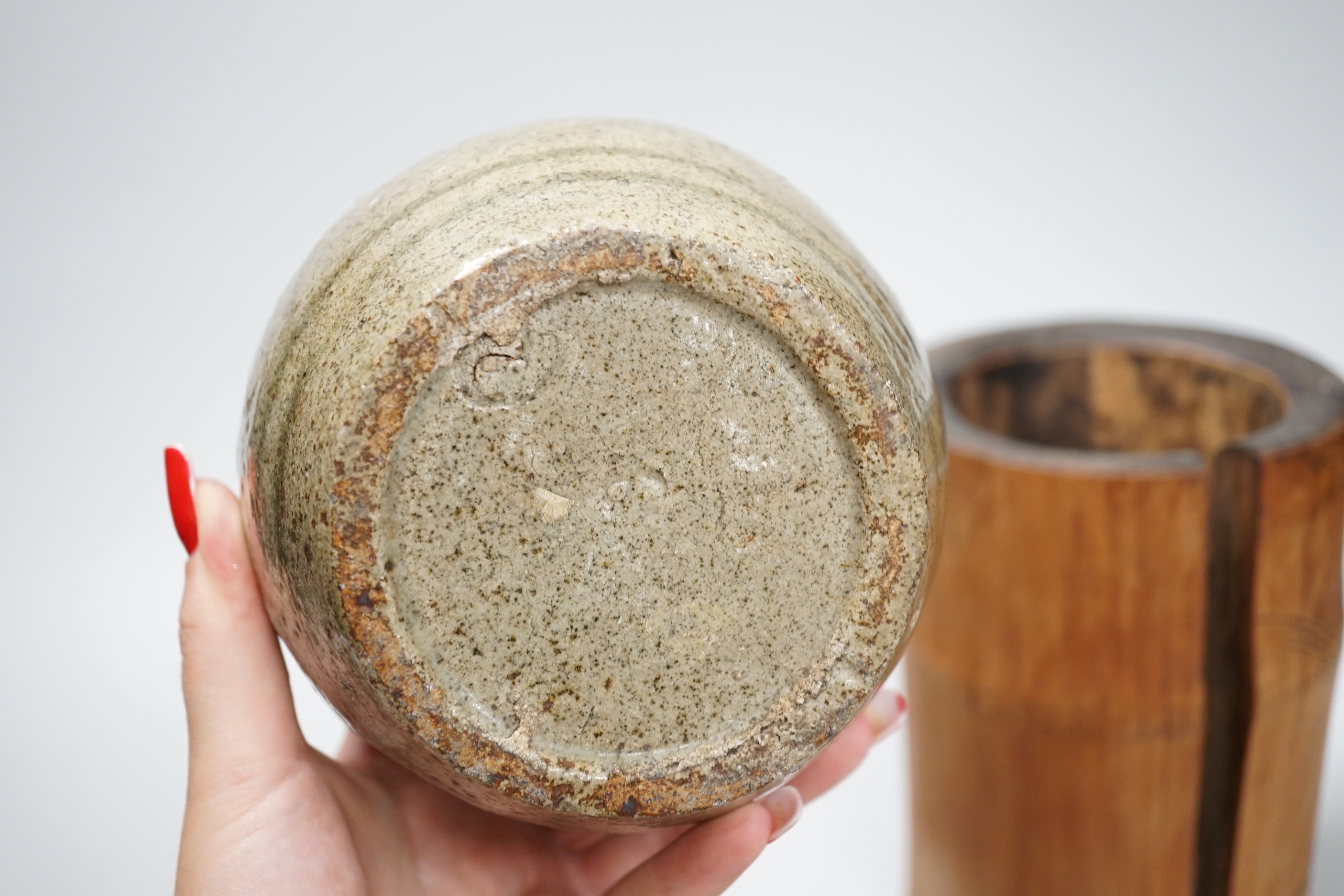 Assorted Chinese items including carved bamboo brush pot and jar, the largest 18cm high